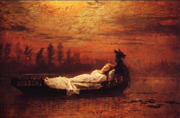 'The broad stream bore her far away'. 
- Painting by John Grimshaw
